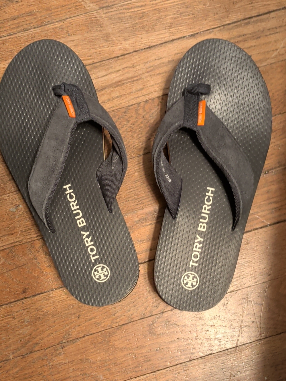 Tory Burch Women's Black Suede Flip Flops with Logo Footbed